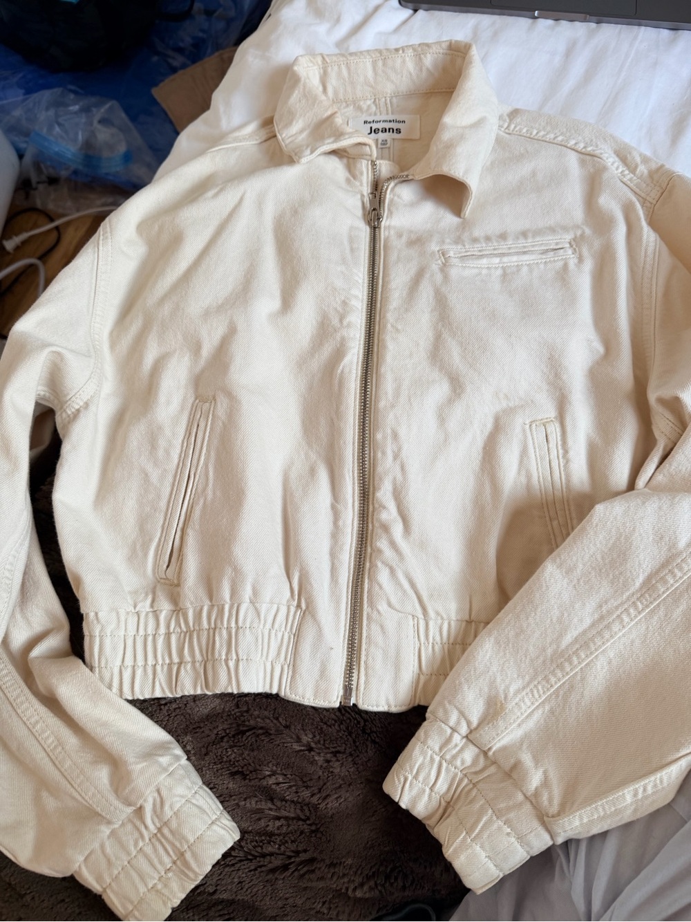 Reformation Cream Zip-Up Bomber Jacket